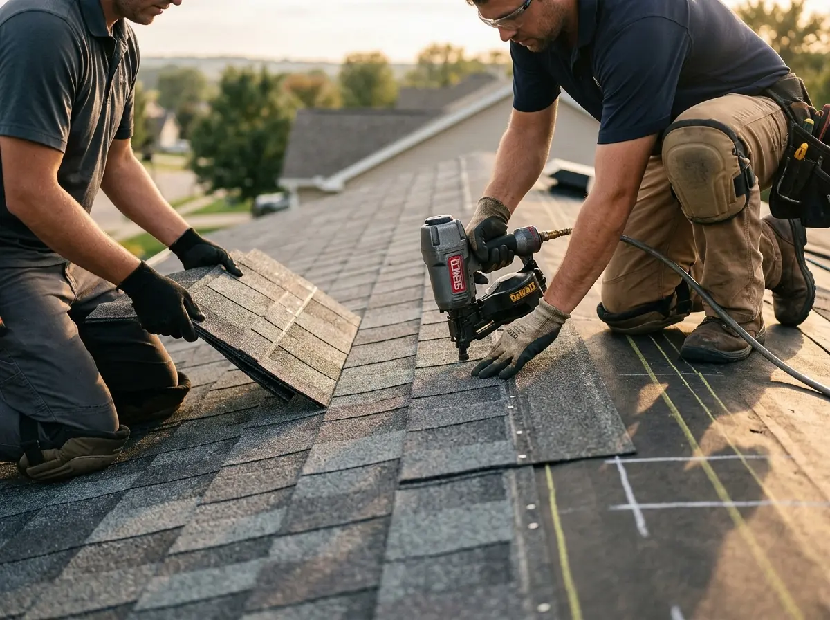 Professional roofer working on a residential roof in Shrewsbury